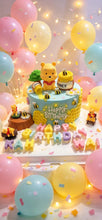 Load image into Gallery viewer, Bear honey bee themed jelly birthday cake with festive balloons and lights
